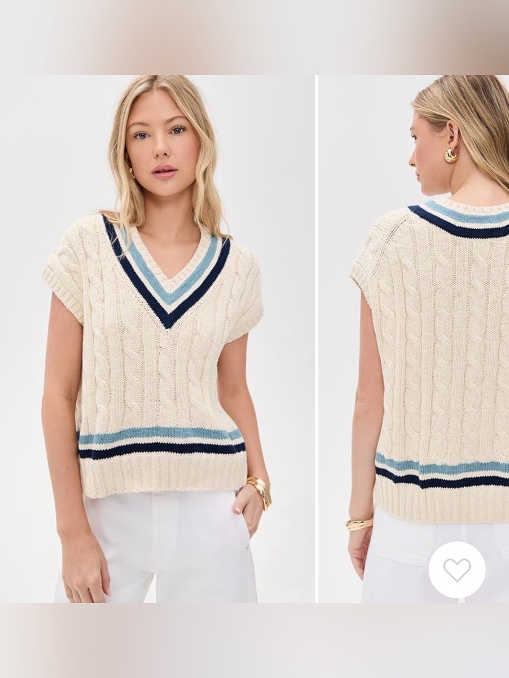 Polo by Ralph Lauren Cream Cable-Knit V-Neck Sweater Vest with Blue Stripes